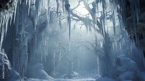 A winter wonderland with icicles hanging from branches.