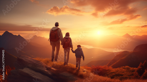 family with backpack Hiking together outdoors Explore the mountain area Morning for recreation and travel A lifestyle of outdoor activities during the weekend