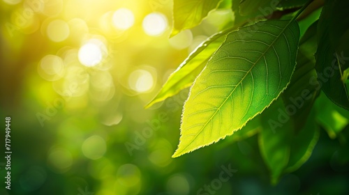 Blurred green plant leaves in natural landscape. Green leaf under soft sunlight. Natural view close-up with copy space.