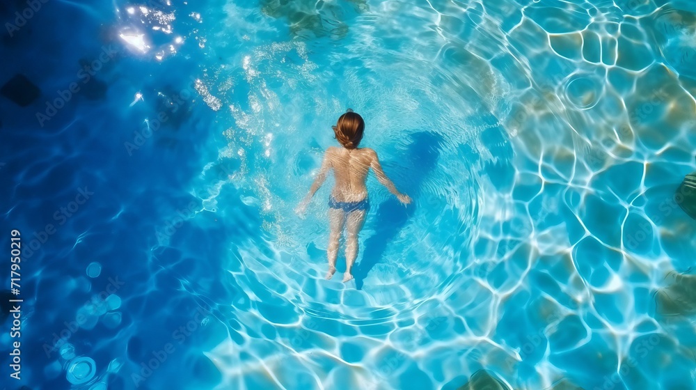 Top view of an active boy swimming in a clean pool. Summer, recreation, sports, entertainment concepts.