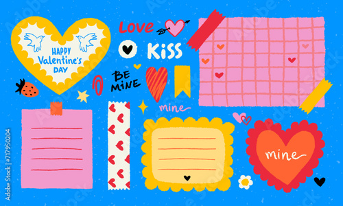 Paper valentine memo notes on stickers. Vector vintage sticky notes and pages with torn edges