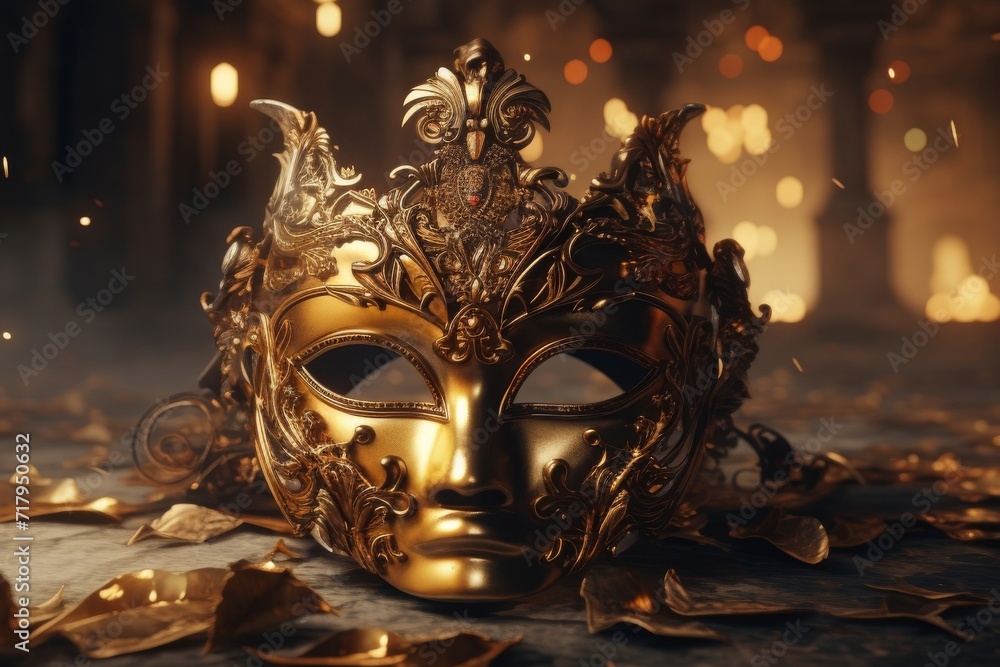 Masquerade Masks. liquid gold. Inside medieval castle Masquerade Masks. liquid gold. Inside medieval castle