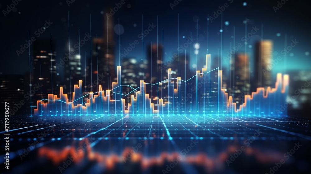 Dynamic financial growth: perspective view of stock market with digital charts on dark blue background