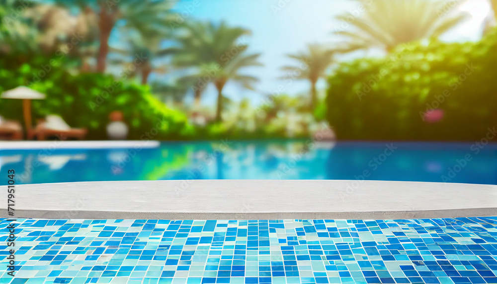Empty ceramic mosaic table top and blurred swimming pool in tropical resort in summer banner background, for display or montage your products, Ai generated image