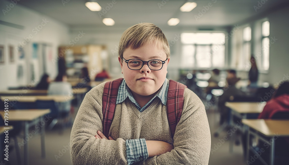 Fototapeta premium White boy with down syndrome smiling at camera