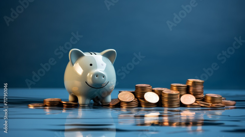 piggy bank on blue background with coins photo