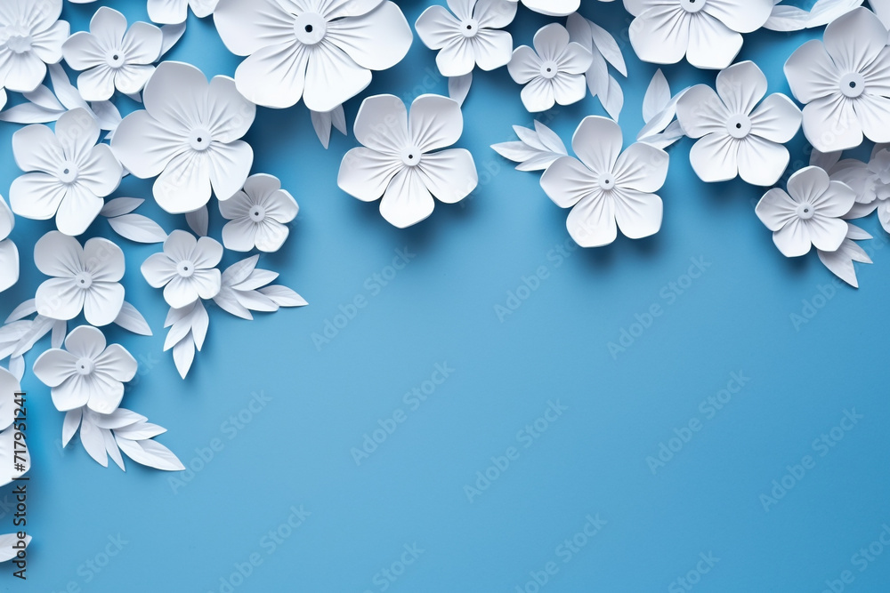 Paper cut flowers and leaves, Fresh spring nature background. Floral banner, poster, flyer template with copy space. Paper cut flowers and leaves, Fresh spring nature background. Floral banner, poster, flyer template with copy space.