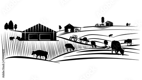 Silhouette scene from farm life with fields, cows, barns and machinery isolated on white background. Rural clipart.