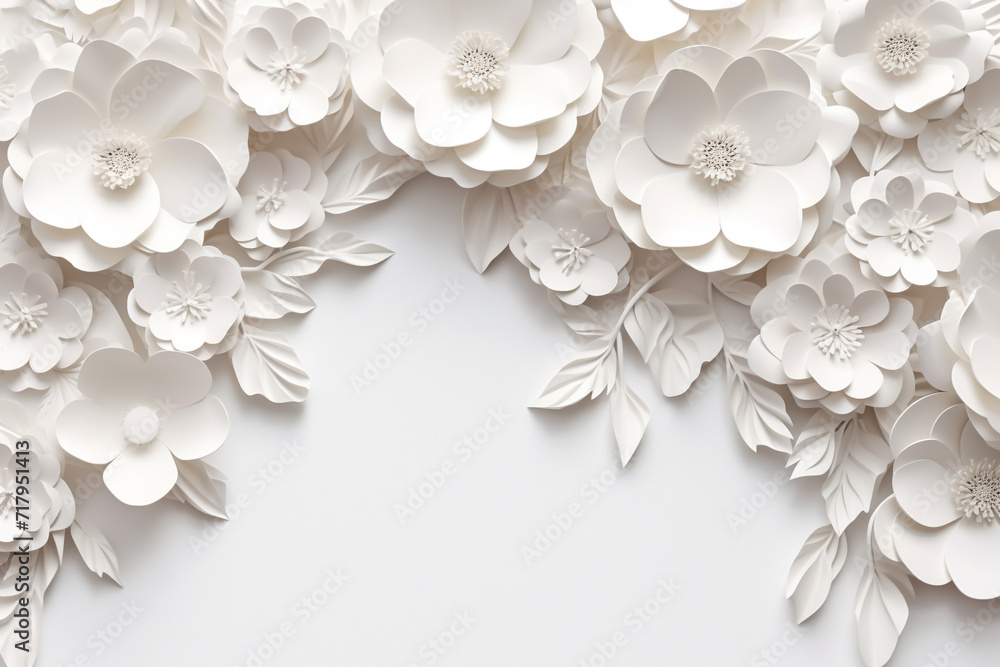 Paper cut flowers and leaves, Fresh spring nature background. Floral banner, poster, flyer template with copy space. Paper cut flowers and leaves, Fresh spring nature background. Floral banner, poster, flyer template with copy space.