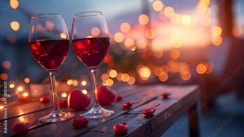 Cinematic photograph of two red wine glasses in a beach rooftop. Heart shaped balloons and confeti. Valentines. Love