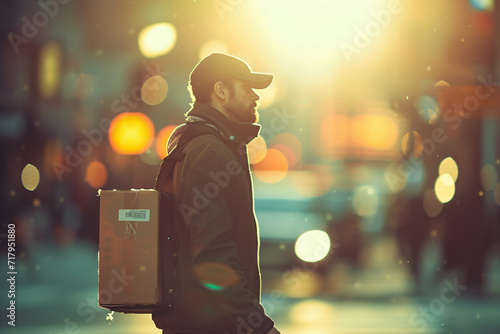 courier with a parcel, walking confidently with a blurry light bokeh background, symbolizing efficient and swift delivery in a commercial setting