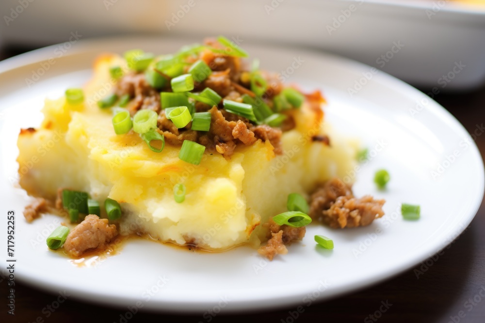close-up of creamy mashed potato topping on shepherds pie close-up of creamy mashed potato topping on shepherds pie