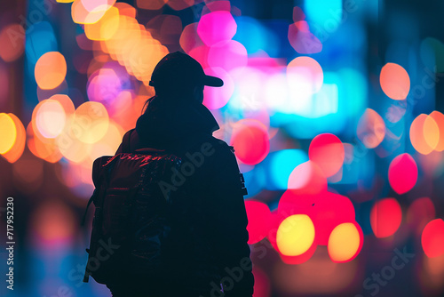 courier's silhouette against a vibrant, blurry bokeh background of city lights, creating a visually striking image that conveys the speed and efficiency of parcel delivery in a com photo
