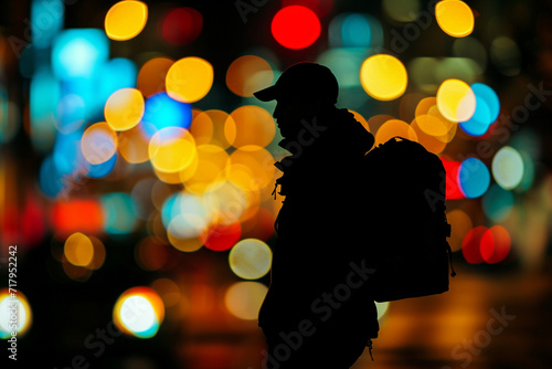 courier's silhouette against a vibrant, blurry bokeh background of city lights, creating a visually striking image that conveys the speed and efficiency of parcel delivery in a com