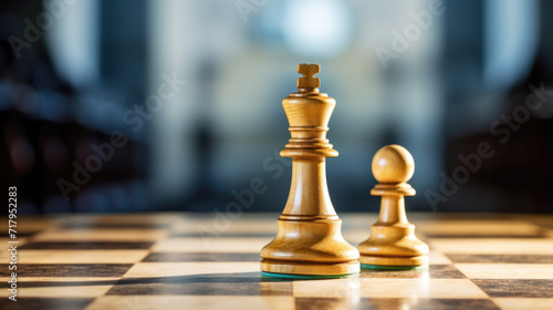 A chess king and pawn stand on a chessboard, focused and ready for the game.