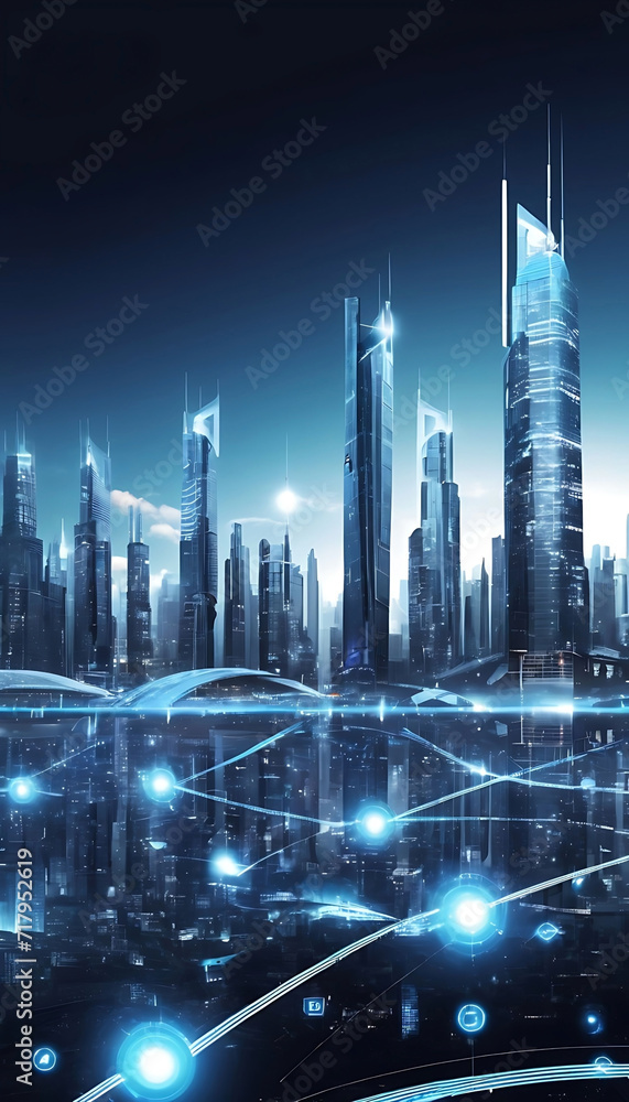 Futuristic technology city background banner with modern high-rise buildings blue sky  