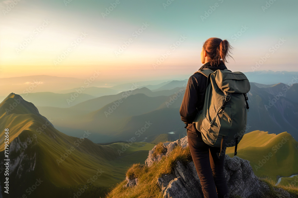 A backpacker stands on a mountain, observing the sunset over a beautiful landscape, ai generative