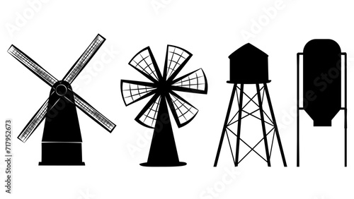 Set of farm buildings silhouettes isolated on white background. Clipart.