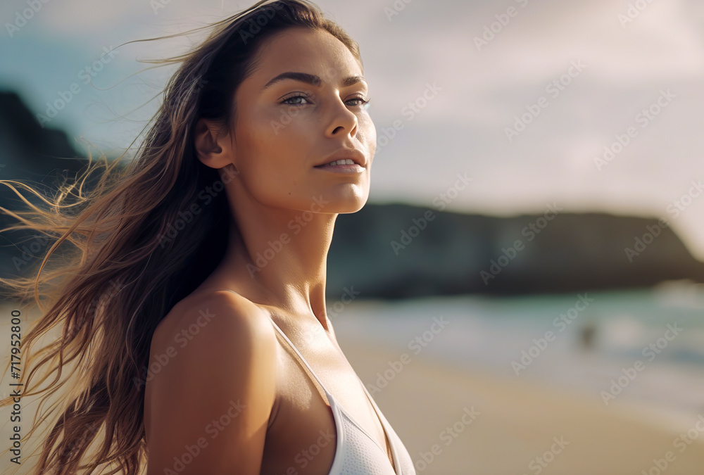pretty woman stands on a beach with sunlit hair. Ocean waves and distant cliffs form the backdrop, ai generative pretty woman stands on a beach with sunlit hair. Ocean waves and distant cliffs form the backdrop, ai generative