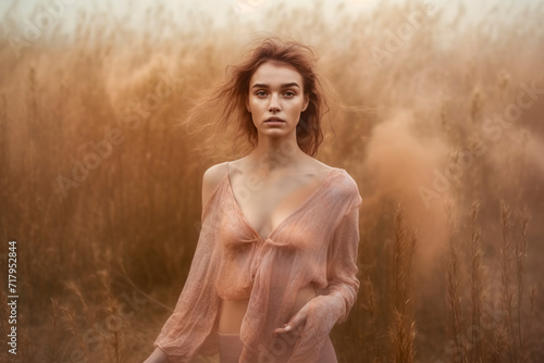 Attractive Morean woman wearing a low-cut salmon-colored blouse in a wheat field, ai generative photo