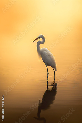 A solitary egret stands in calm waters, silhouetted against a golden sunset, casting a serene reflection, ai generative © larrui