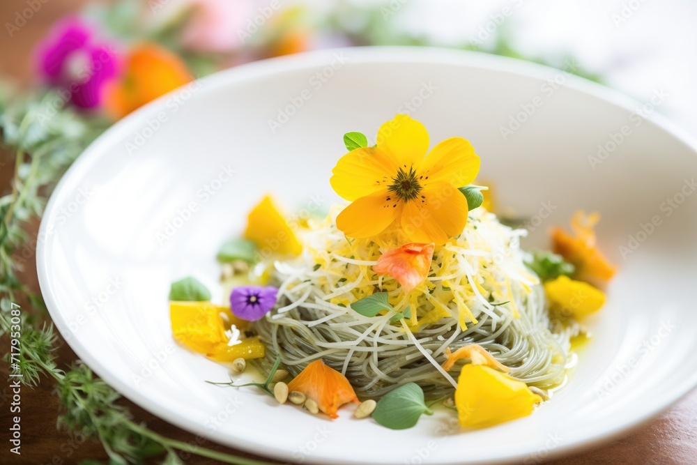 spelt angel hair pasta with pesto and edible flowers as garnish