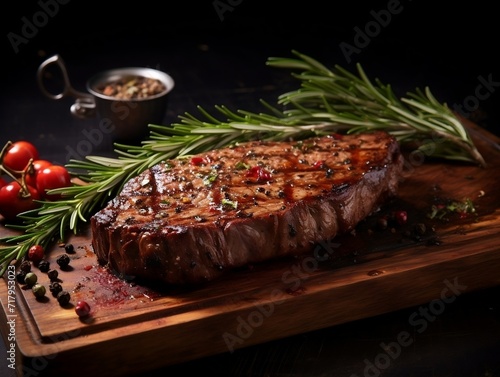 Steak with herbs and spices on a wooden board with dark background