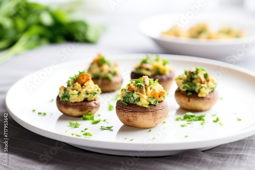 stuffed mushrooms on a white plate, green parsley garnish