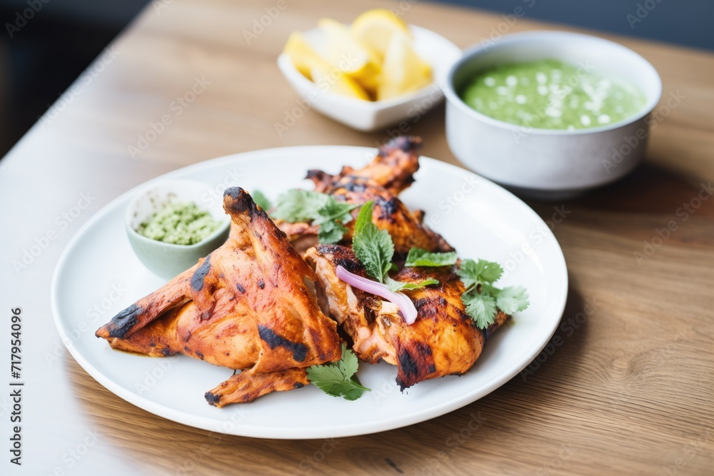 tandoori chicken served with naan and mint chutney tandoori chicken served with naan and mint chutney