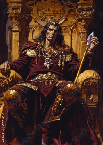 medieval king, in royal regalia sitting on golden throne