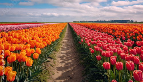 Dutch historical windmills and tullip flowers, typical dutch landscape Netherlands photo