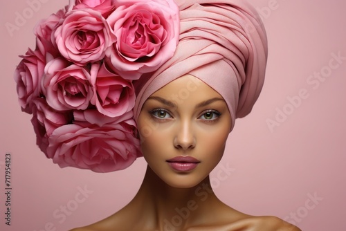 Beautiful young woman with pink bandage with flowers on her head and clean fresh skin, pink background, copy space, facial skin care. Cosmetology, beauty, spa.