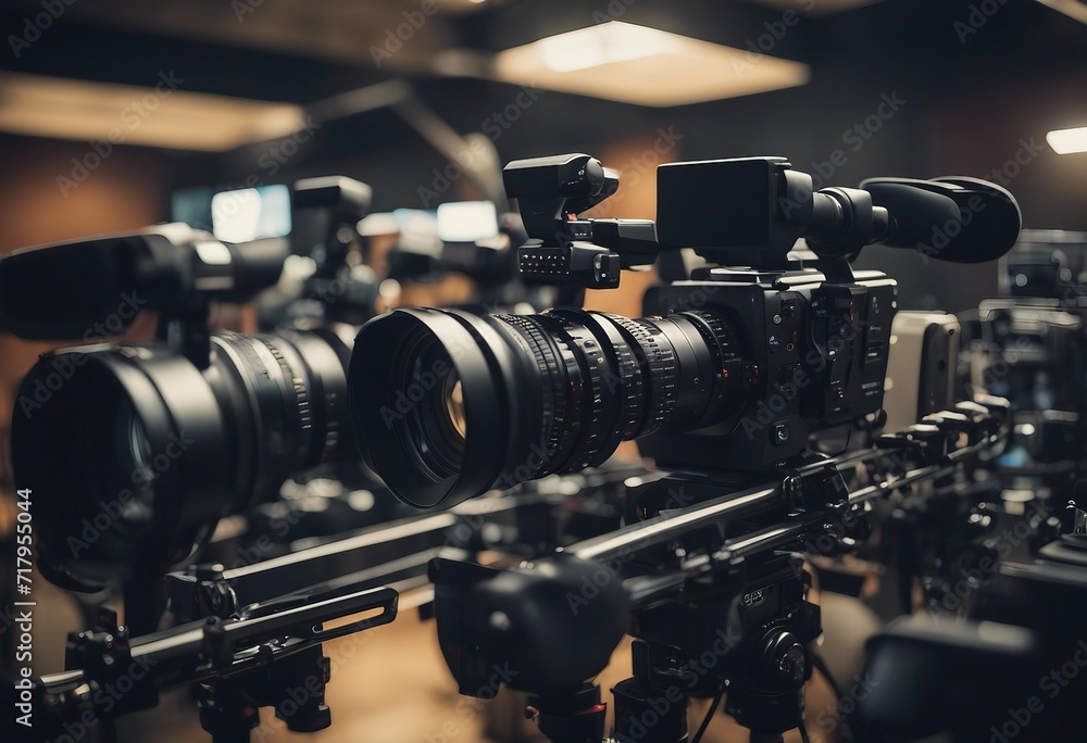 Close up on media production video cameras in a recording studio ready for action