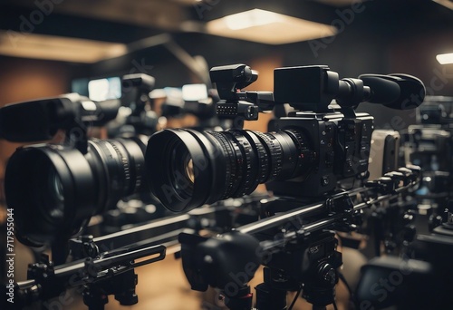 Close up on media production video cameras in a recording studio ready for action photo