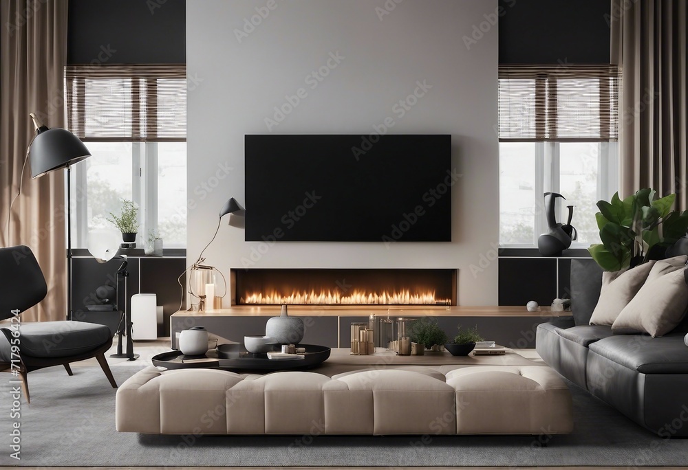 Modern contemporary luxury interior design of a living room with couch and fireplace as modern home Modern contemporary luxury interior design of a living room with couch and fireplace as modern home