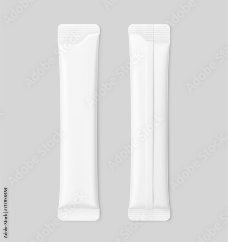Blank stick package bag mockups. Flat lay view. Vector illustration isolated on grey background. Can be use for food, cosmetic, pharmacy and etc. EPS10.