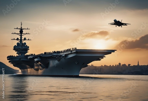Panoramic view of a generic military aircraft carrier ship with fighter jets take off during a speci