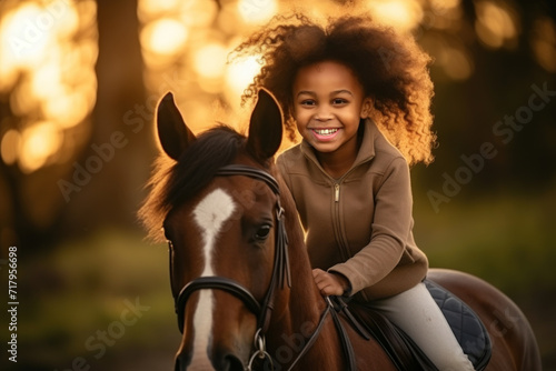 Smiling girl with curly hair horseback riding at dusk. © Anna