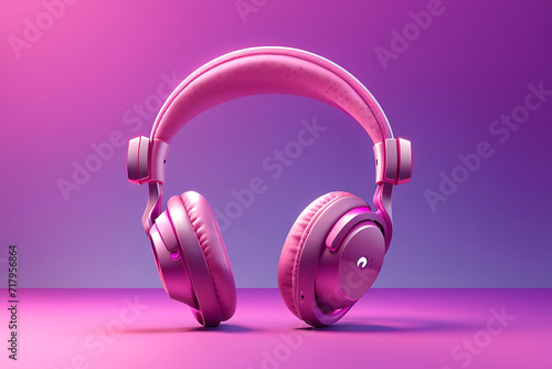 stylish 3d icon of generic wireless headphones on pink purple gradient background design, mixed digital 3d illustration and matte painting 3D rendering design. photo