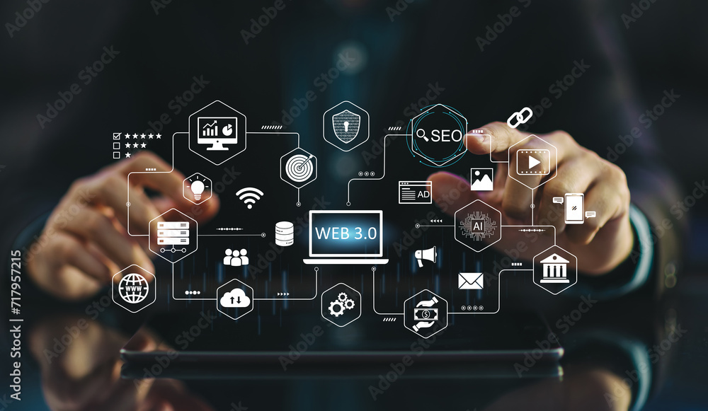 Digital AI technology communication cyber global network. Business big data and marketing concept of WEB 3.0 internet future distributed block chain. Digital AI technology communication cyber global network. Business big data and marketing concept of WEB 3.0 internet future distributed block chain.