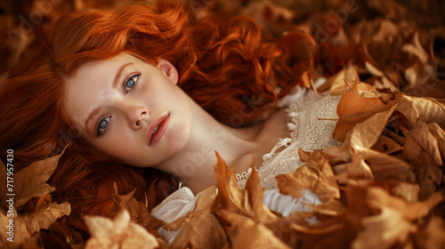 Linda mulher ruiva deitada em uma pilha de folhas de outono - Papel de parede