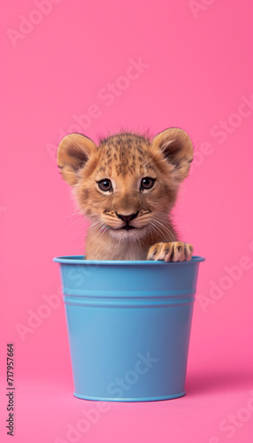Filhote de leão fofo dentro de um balde azul isolado no fundo rosa pastel © Vitor