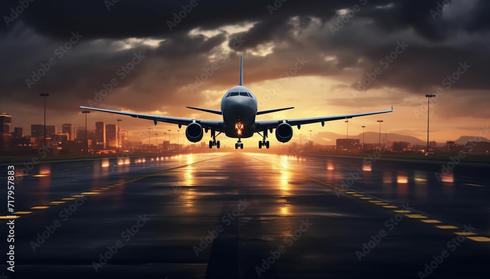 Airplane takeoff from runway. Dramatic aerial scene and travel imagery.