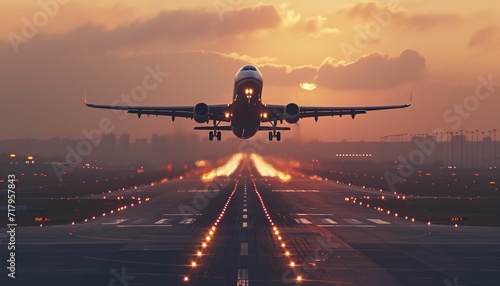 Airplane takeoff from runway. Dramatic aerial scene and travel imagery.