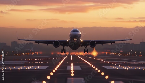 Airplane takeoff from runway. Dramatic aerial scene and travel imagery.