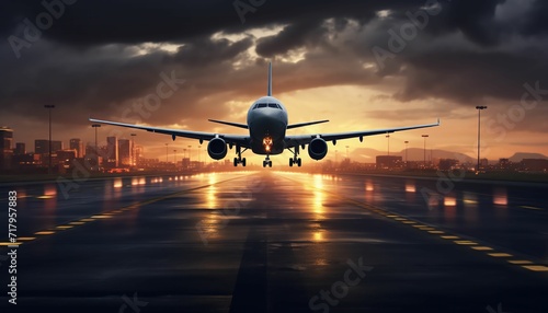 Airplane takeoff from runway. Dramatic aerial scene and travel imagery.