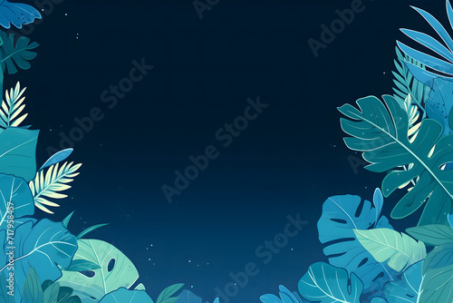 A collection of blue tropical leaves illustration forms a frame against a dark blue background, creating a foliage plant background with space for copy.