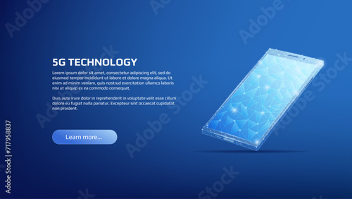 Polygonal shiny phone with copy space on dark blue background. Cellular banner or web page template. Vector.