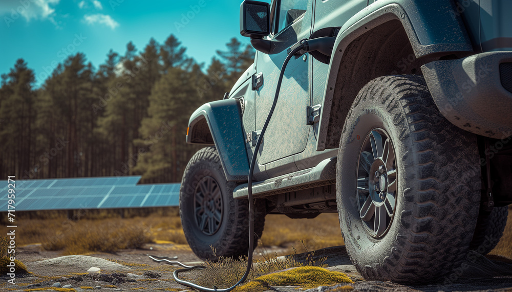 An Electric 4x4 recharges at an EV Power point with solar power panels in the background. Green energy. Power from the sun