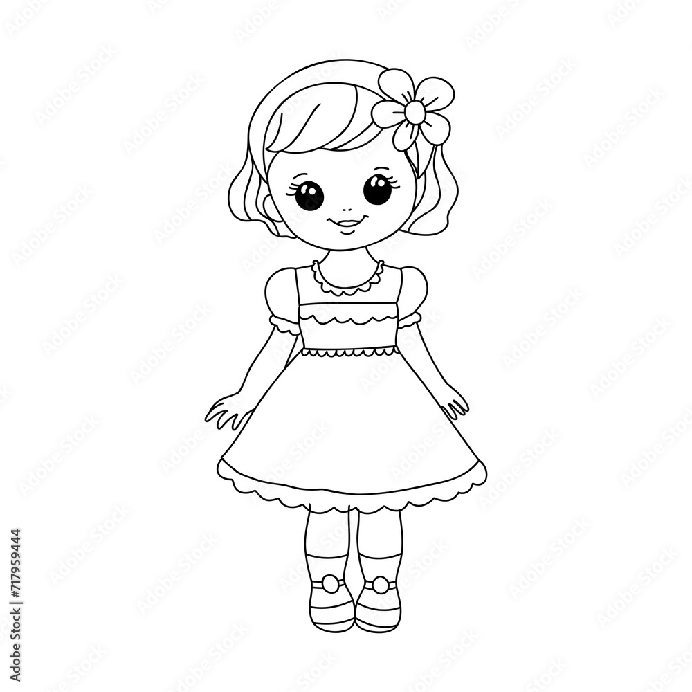 Fototapeta premium Cute little girl stands In cartoon style. girl coloring book for children vector sketch